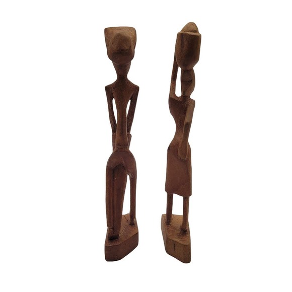 2 African Tribal Art Hand Carved Wood Figures Woman Pot on Head Man w/ Drum 12" - Picture 3 of 10